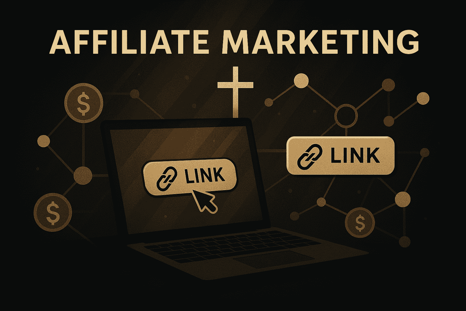 A vintage-inspired digital illustration representing affiliate marketing, featuring a laptop, coins, charts, and a subtle Christian cross symbol integrated into the background, conveying both financial growth and faith-based purpose.