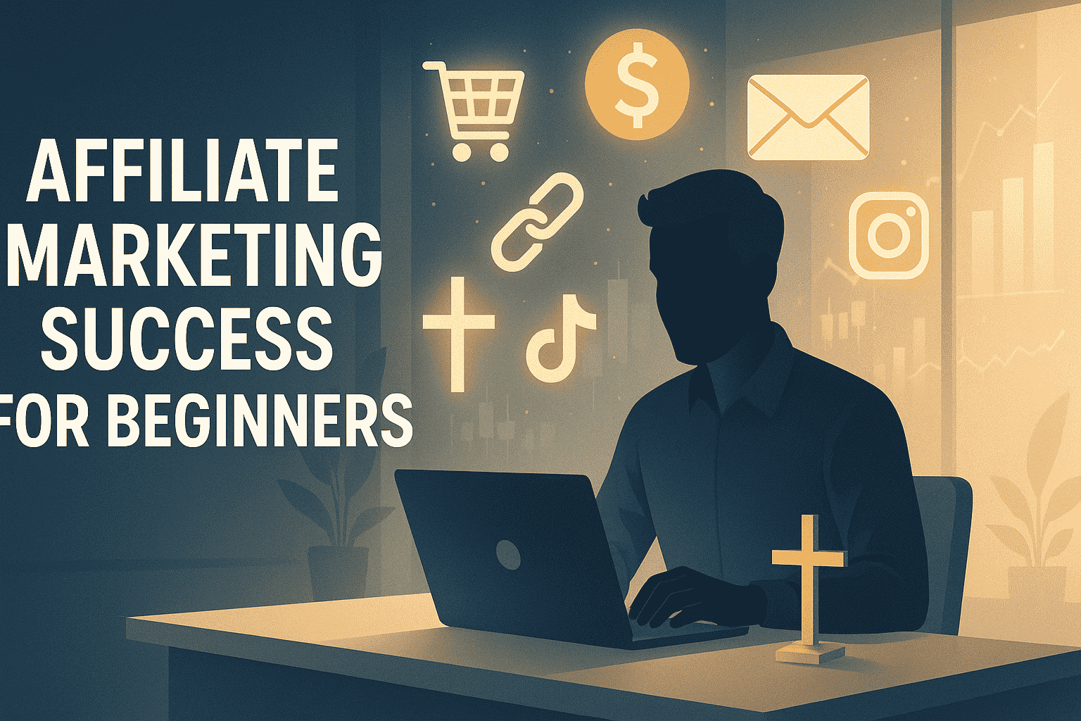 A digital illustration for a blog header titled Affiliate Marketing Success for Beginners. It features a confident silhouette of a person working at a laptop in a modern, tech-inspired workspace. Surrounding the figure are glowing digital icons representing affiliate marketing—shopping cart, dollar sign, email, link, and social media logos (YouTube, TikTok, Instagram). A subtle golden cross is placed on the desk, reflecting biblical inspiration. The background includes softly glowing graphs and charts. The left side has clear space for header text, with a color palette of deep blues, golds, and neutrals, and a bright, inspiring atmosphere.