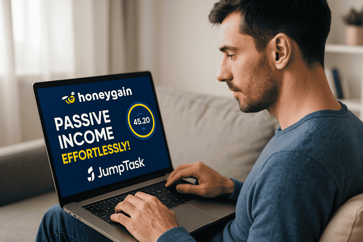 A person using Honeygain on a laptop to earn passive income from home by sharing internet connection via JumpTask