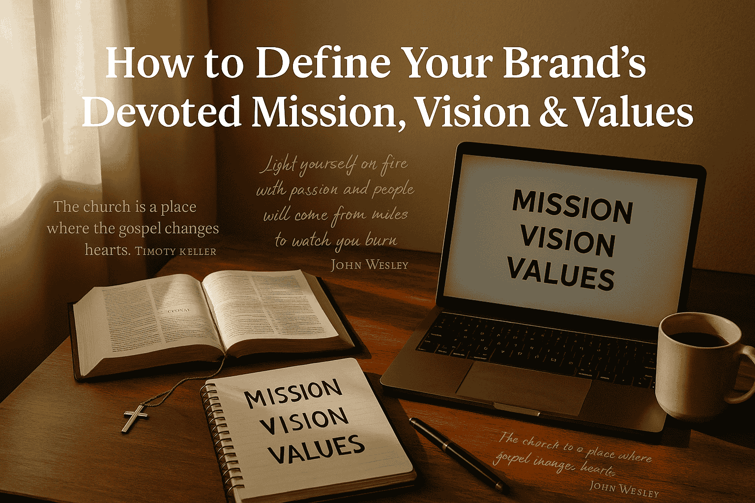 Faith-driven creative workspace with branding moodboard on laptop, sticky notes labeled Purpose, Logo, Brand, and Mission, a Bible opened to Psalm 127:1, and a hand holding a coffee cup on a wooden desk.