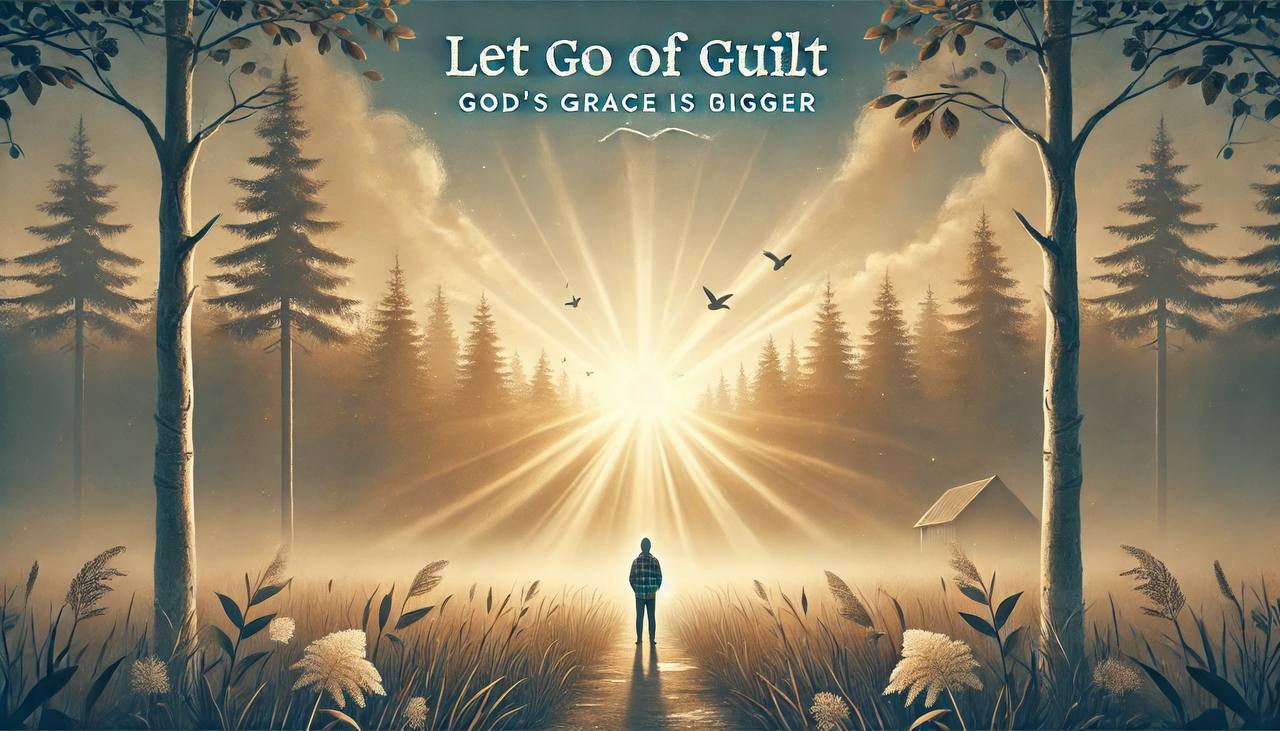 Inspirational Christian devotional image of a person in a misty forest clearing at sunrise with golden light rays and the message “Let Go of Guilt – God’s Grace is Bigger.” Peaceful, cinematic spiritual encouragement scene for faith-based motivation and healing.