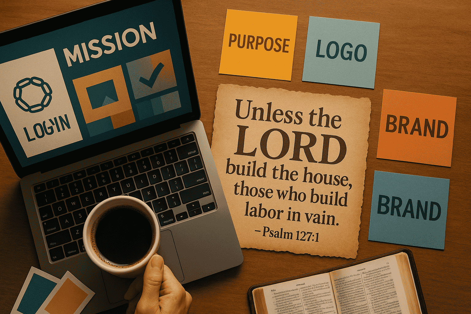 Faith-driven creative workspace with branding moodboard on laptop, sticky notes labeled Purpose, Logo, Brand, and Mission, a Bible opened to Psalm 127:1, and a hand holding a coffee cup on a wooden desk.